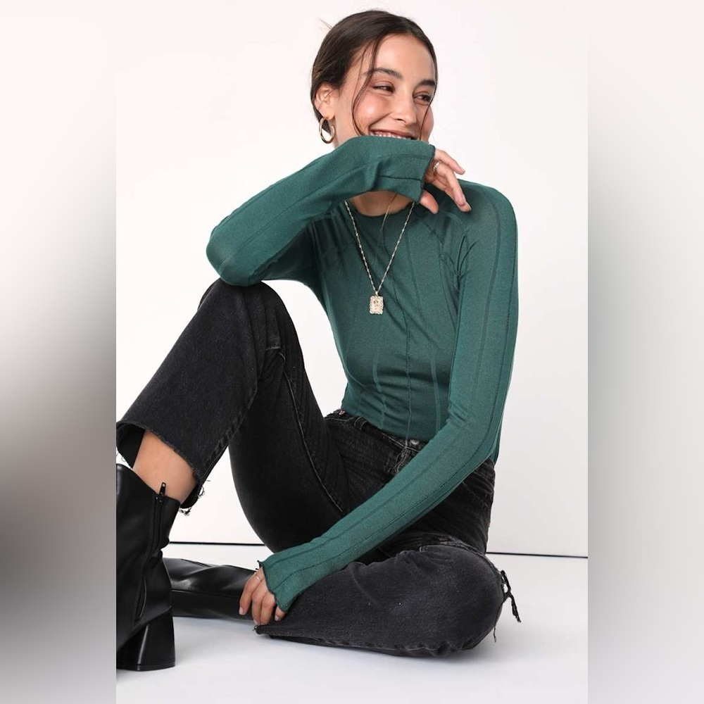 Free People Women's Wide Eyed Forest Green Long Sleeve Mock Neck Top Size Large